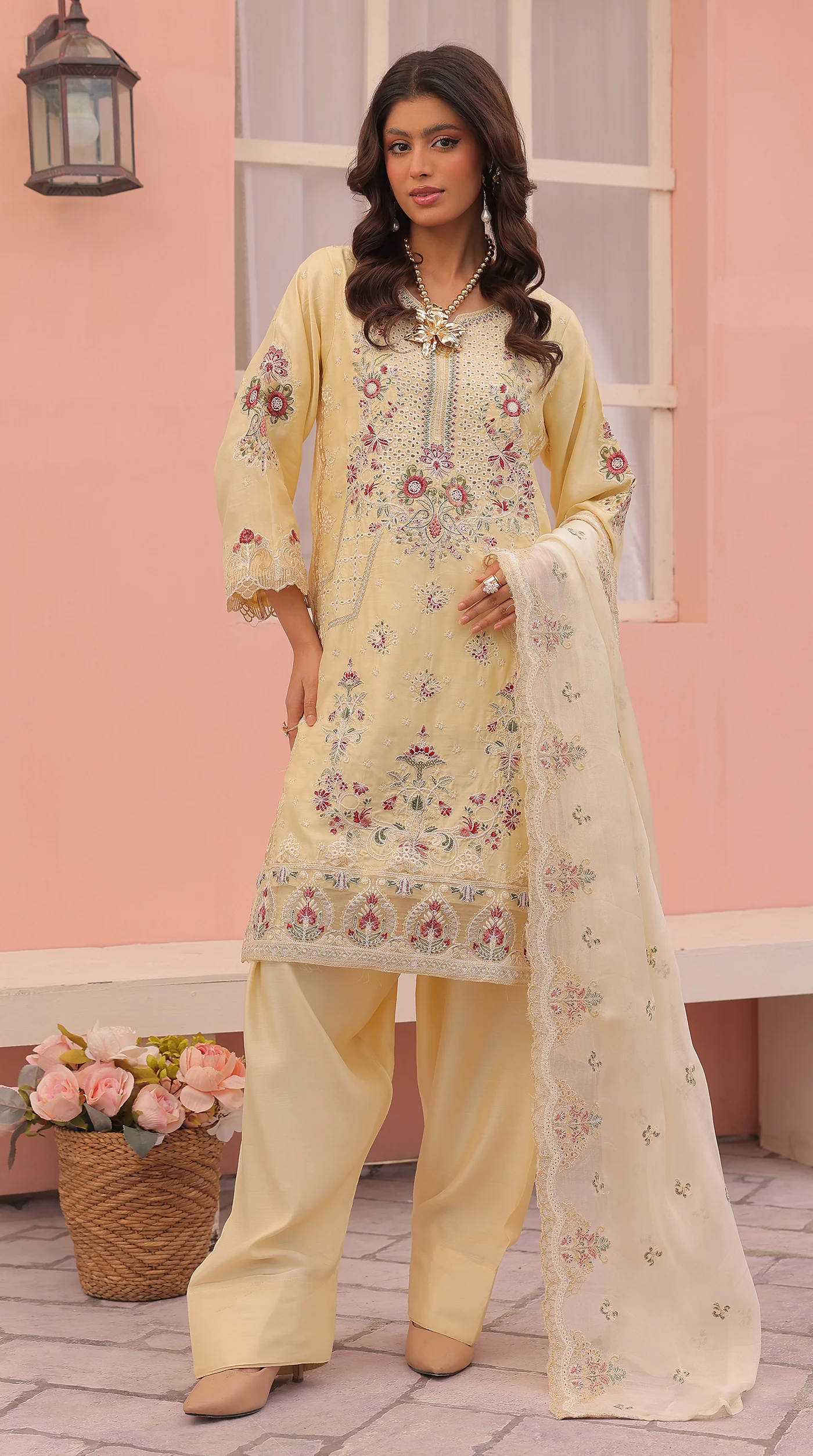 Lime Yellow Sequin Embroidered Eid Suit with Farshi Salwar - Image 2