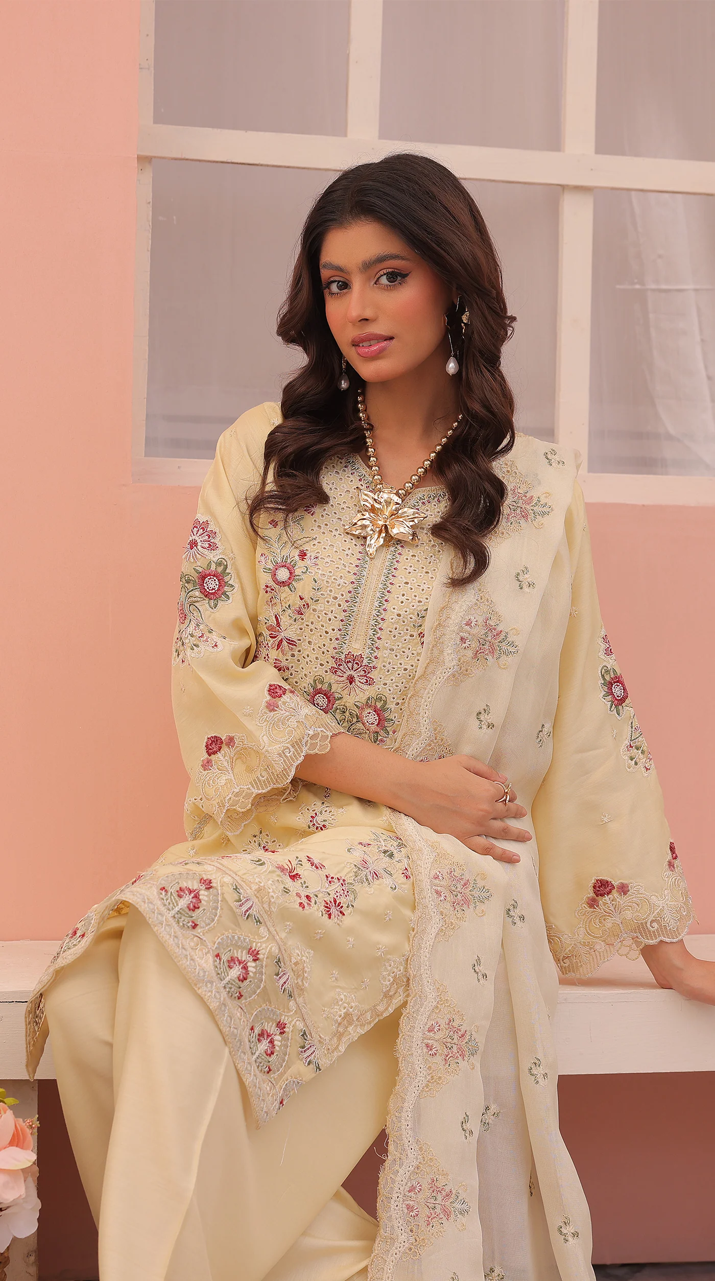 Lime Yellow Sequin Embroidered Eid Suit with Farshi Salwar - Image 3