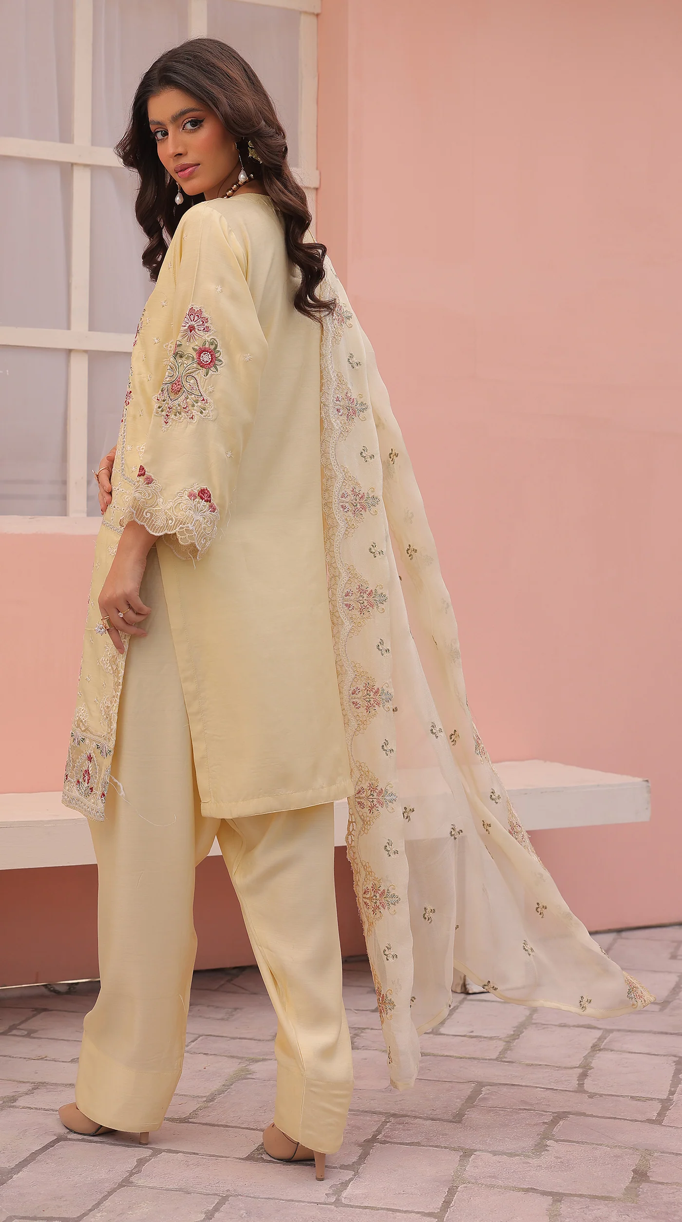 Lime Yellow Sequin Embroidered Eid Suit with Farshi Salwar - Image 5