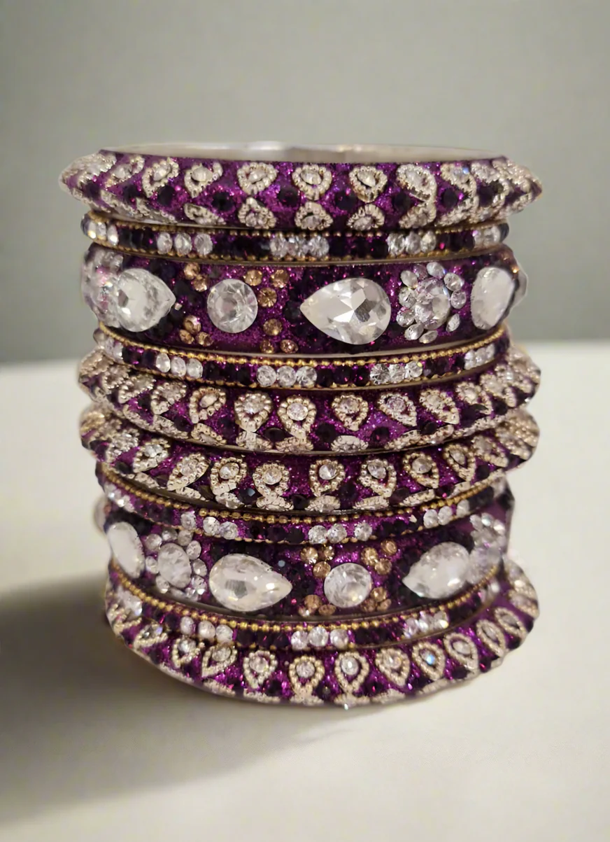 Luxury Large Diamonte Bangle Set with Purple & Gold Embedded Diamonte - Image 2