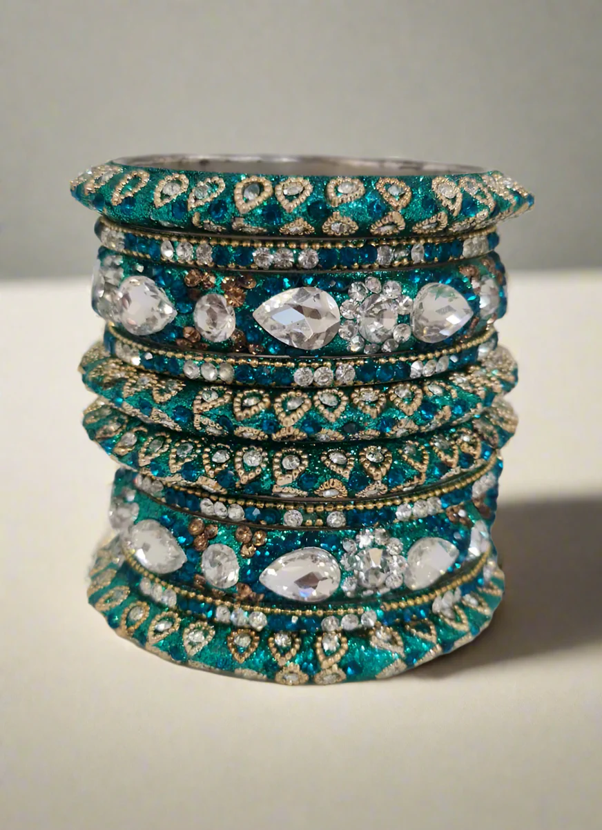 Luxury Large Diamonte Bangle Set in Teal & Gold Diamonte - Image 2