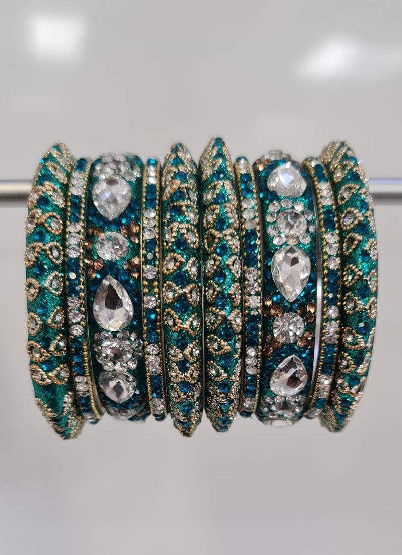 Luxury Large Diamonte Bangle Set in Teal & Gold Diamonte - Image 3
