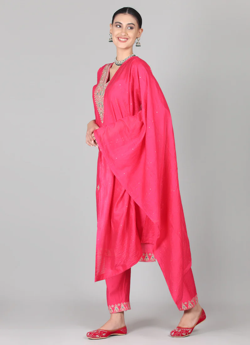 Magenta Silk Thread Embroidered Suit Set - Image 2