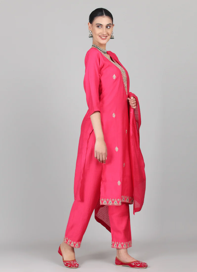 Magenta Silk Thread Embroidered Suit Set - Image 3