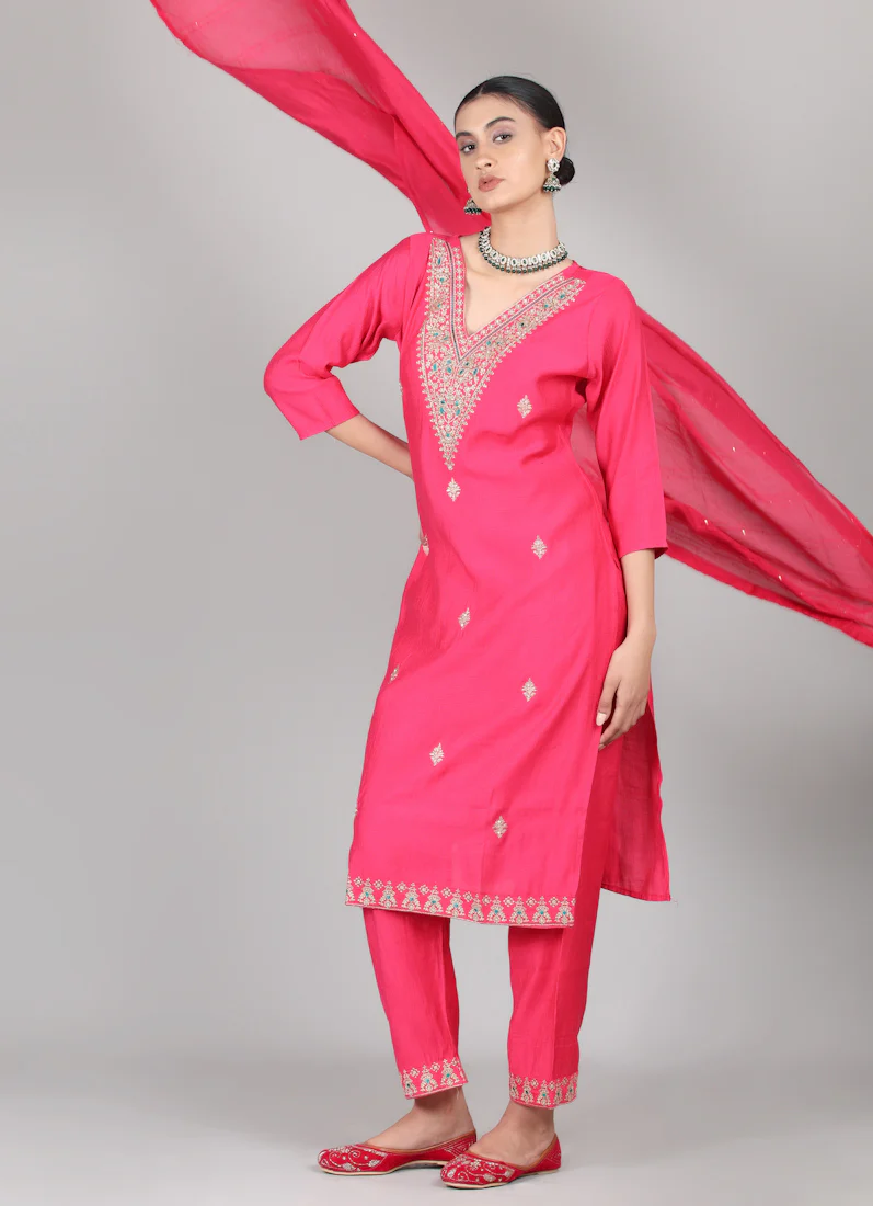Magenta Silk Thread Embroidered Suit Set - Image 4