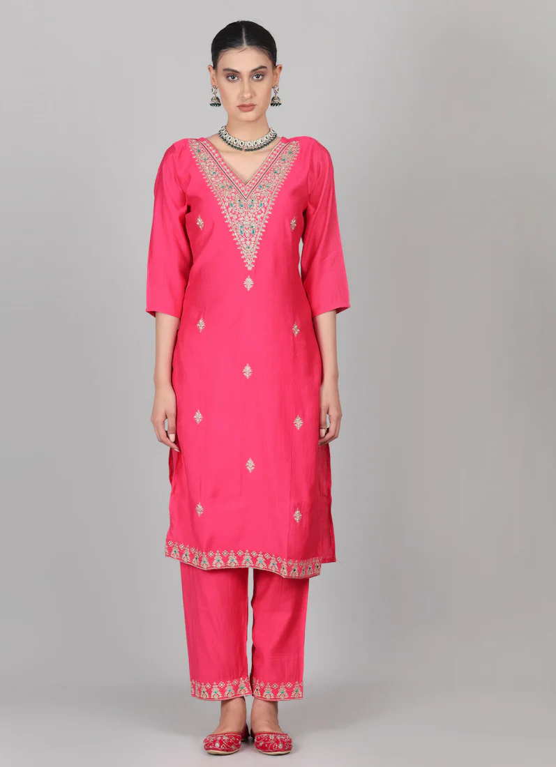 Magenta Silk Thread Embroidered Suit Set - Image 5