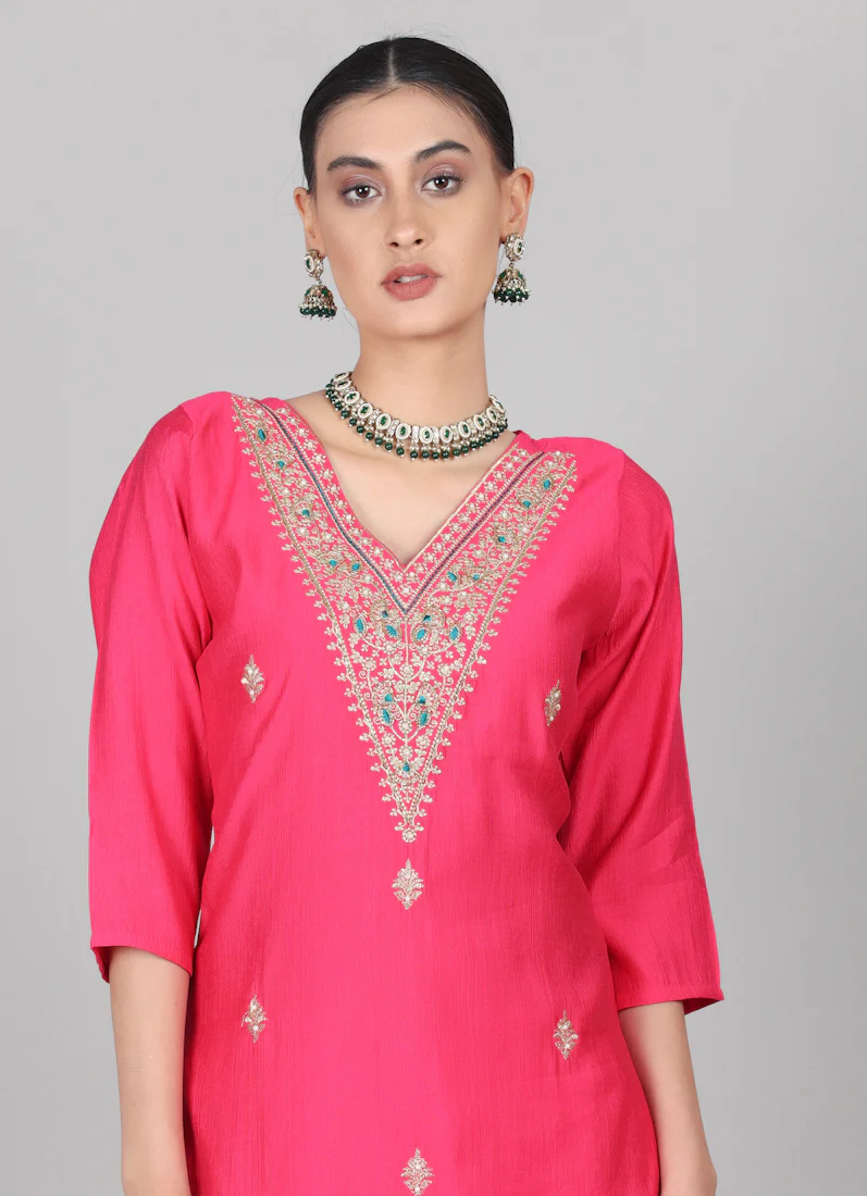 Magenta Silk Thread Embroidered Suit Set - Image 6