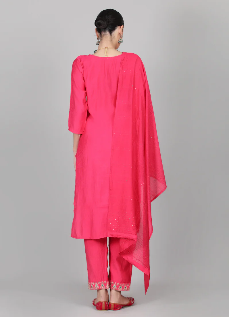 Magenta Silk Thread Embroidered Suit Set - Image 7