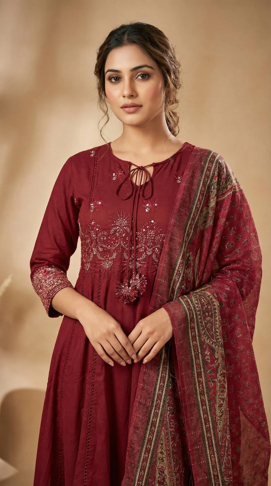 Maroon A line Kameez and Trouser Set - Image 2