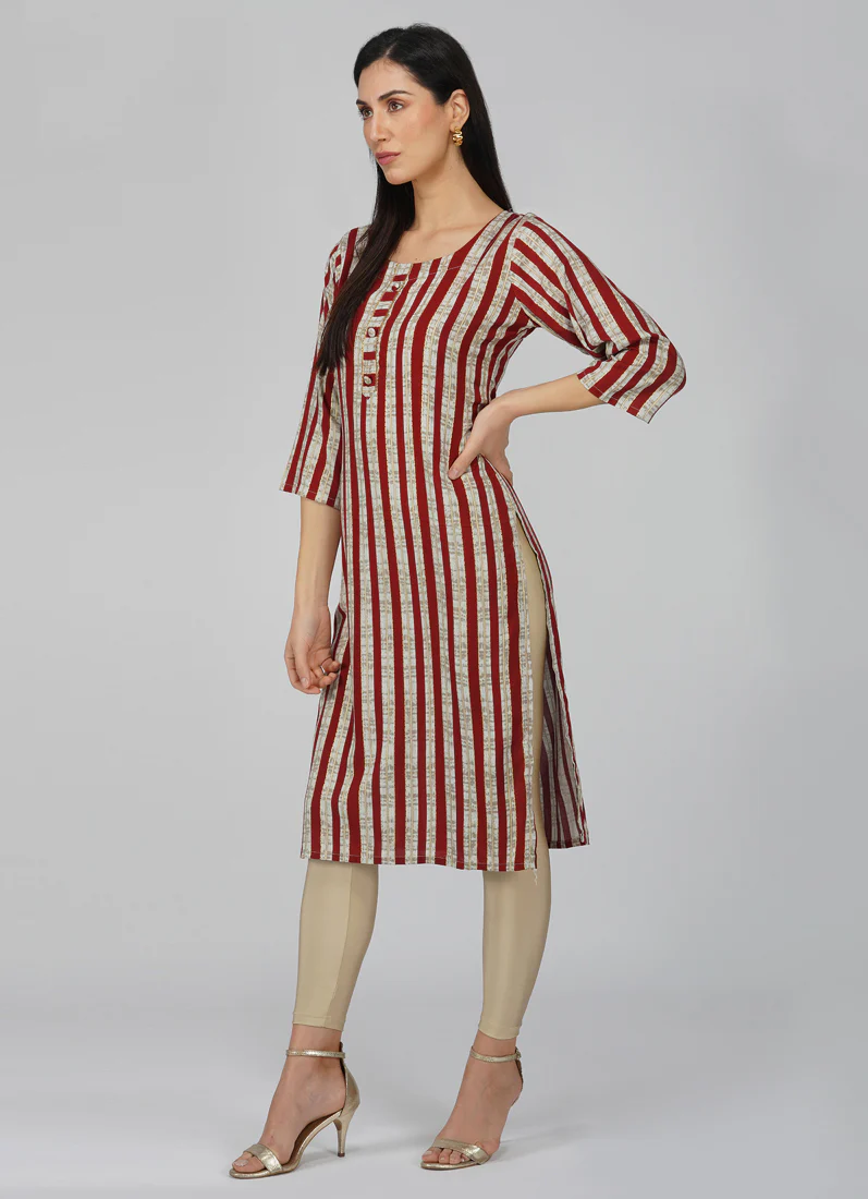 Maroon Cotton Stripe Pattern Kurti - Image 2