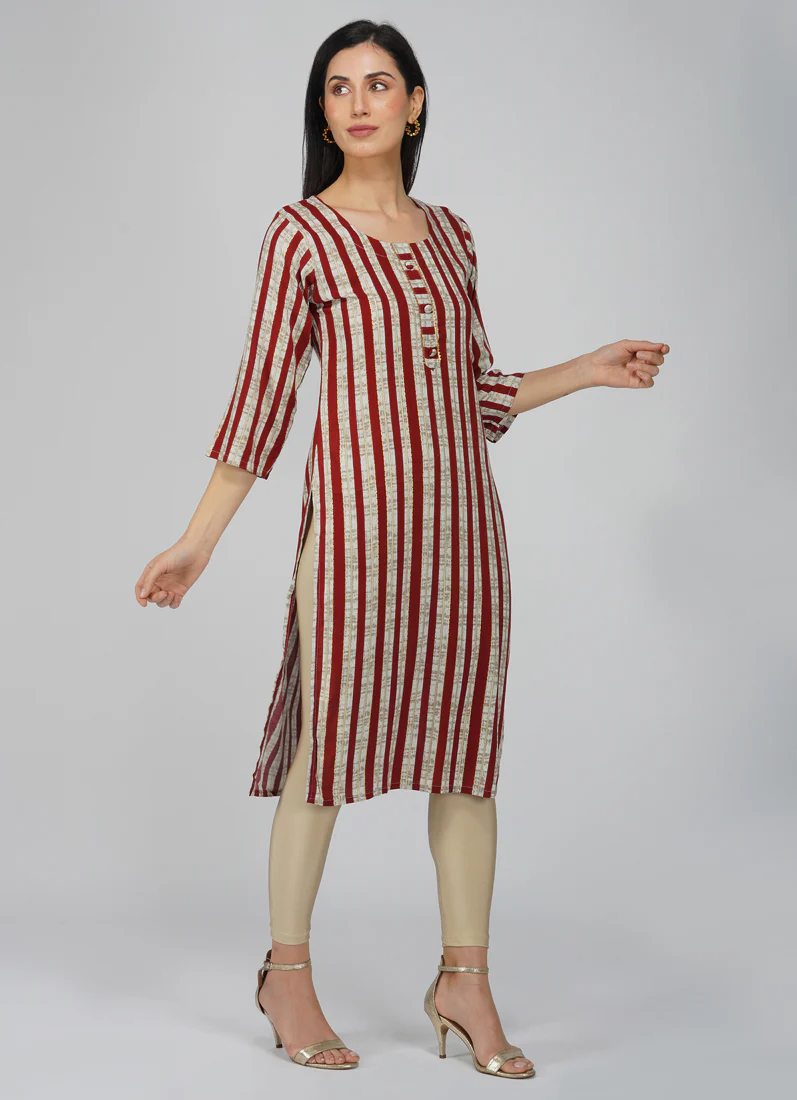 Maroon Cotton Stripe Pattern Kurti - Image 3