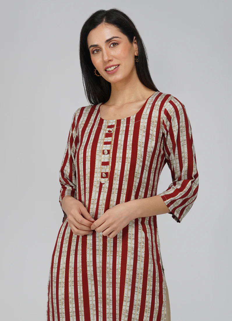 Maroon Cotton Stripe Pattern Kurti - Image 4
