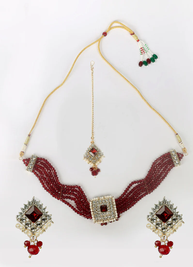 Maroon Crystal Chocker Set - Image 2