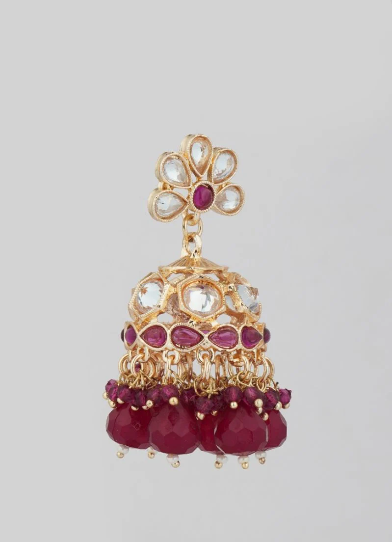Maroon Flower Jumki Earrings - Image 2