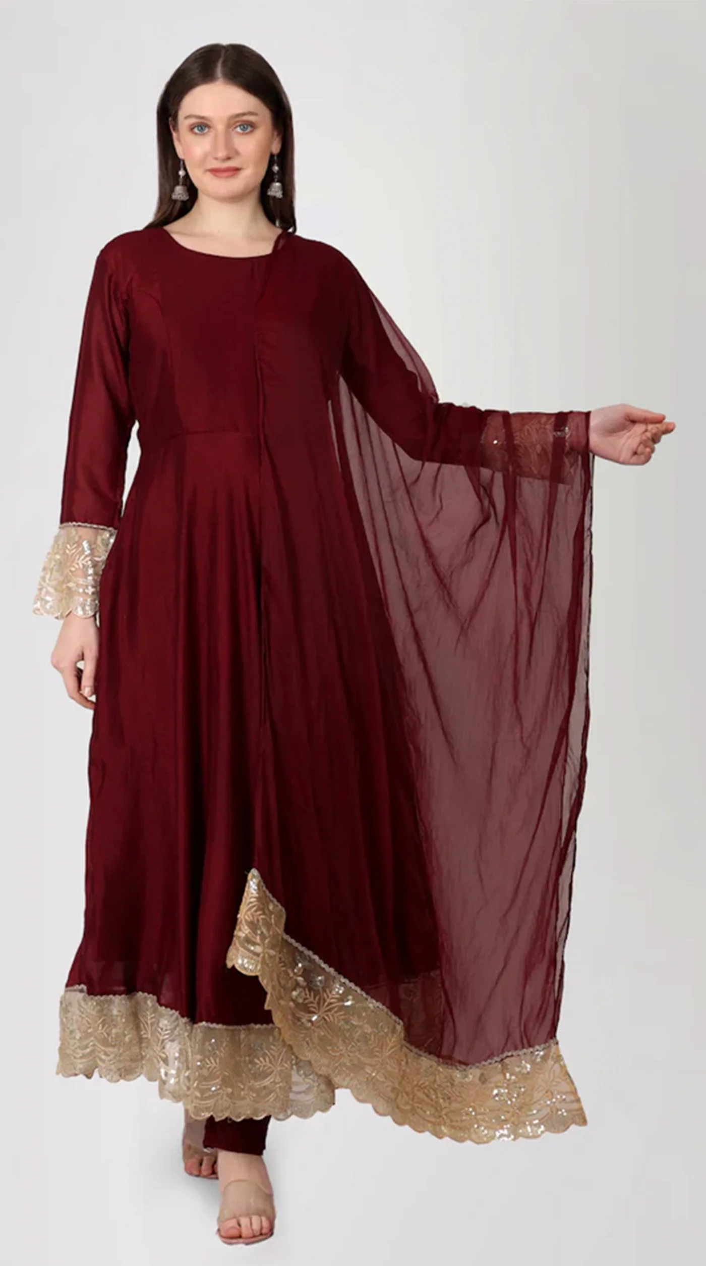 Maroon Georgette Vichitra Bias Cut Suit Set - Image 3