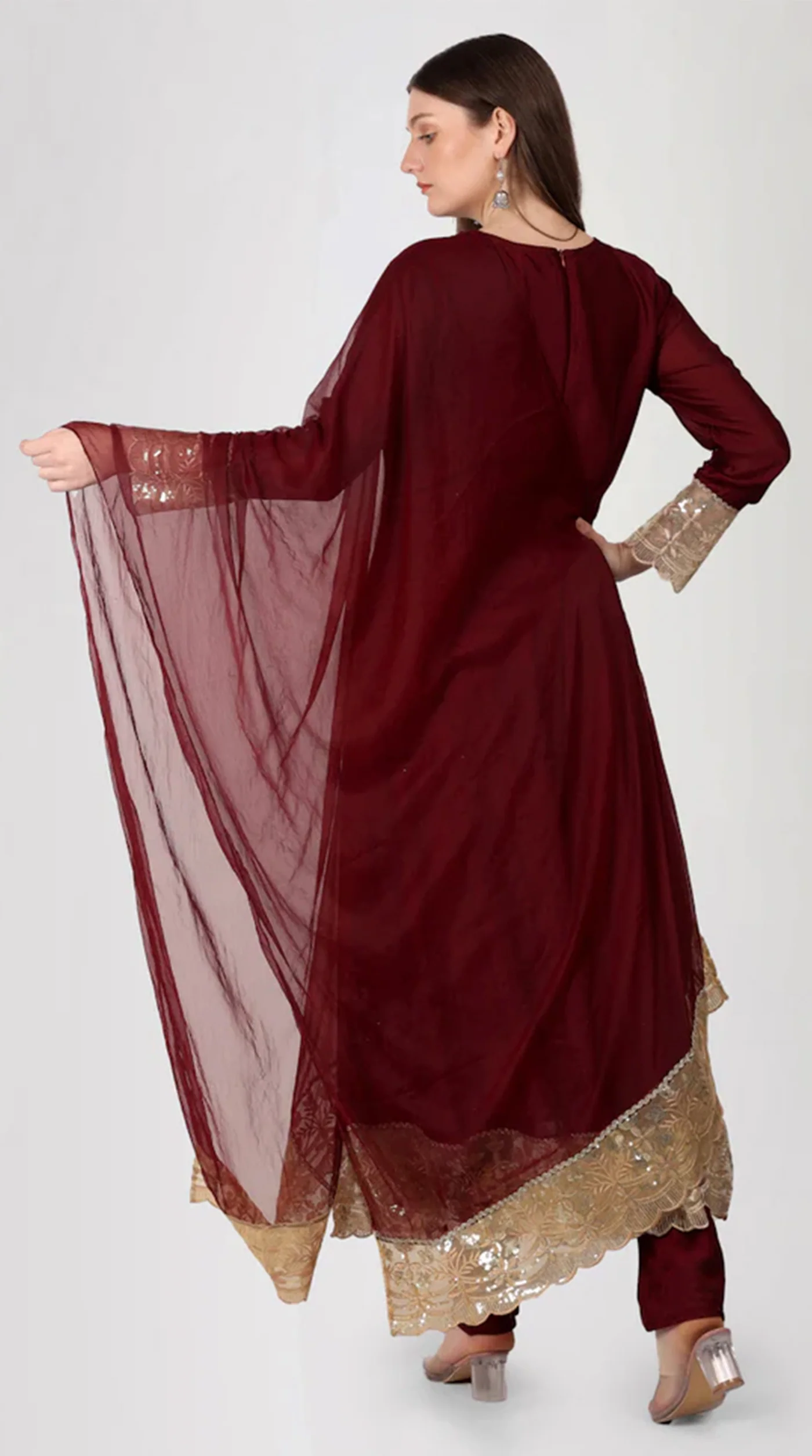 Maroon Georgette Vichitra Bias Cut Suit Set - Image 4