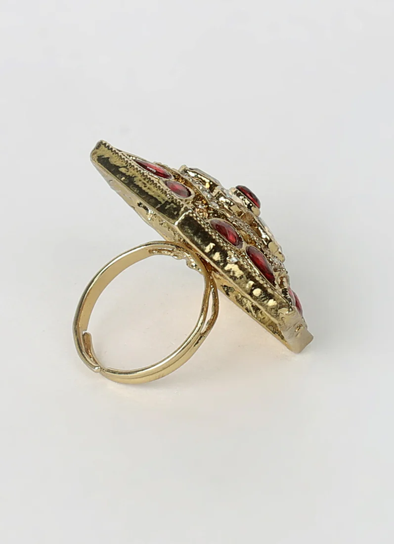 Maroon Gold Plated Adjustable Finger Ring with Diamonte & Bead - Image 3