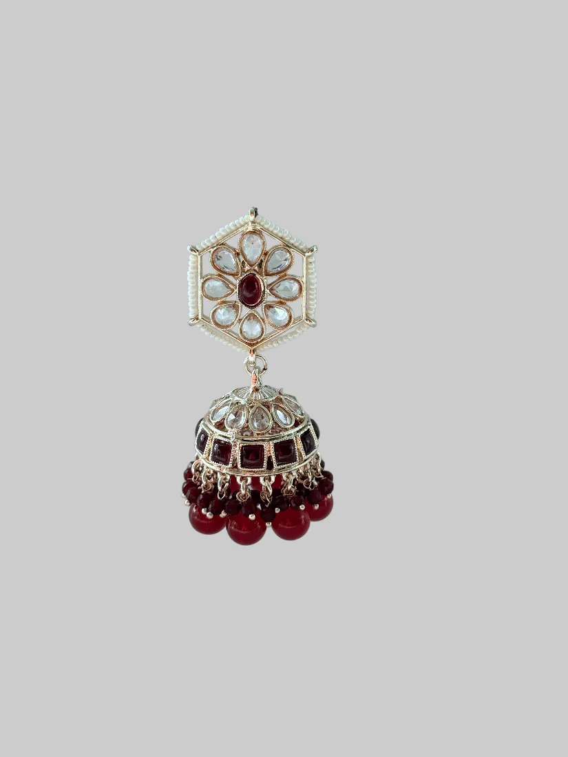 Maroon Hexagon Jumki Earrings with Beads & Pearls - Traditional Indian Statement Jewelry - Image 2