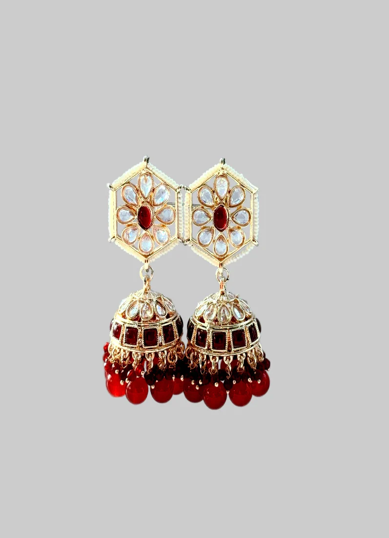 Maroon Hexagon Jumki Earrings with Beads & Pearls - Traditional Indian Statement Jewelry - Image 3