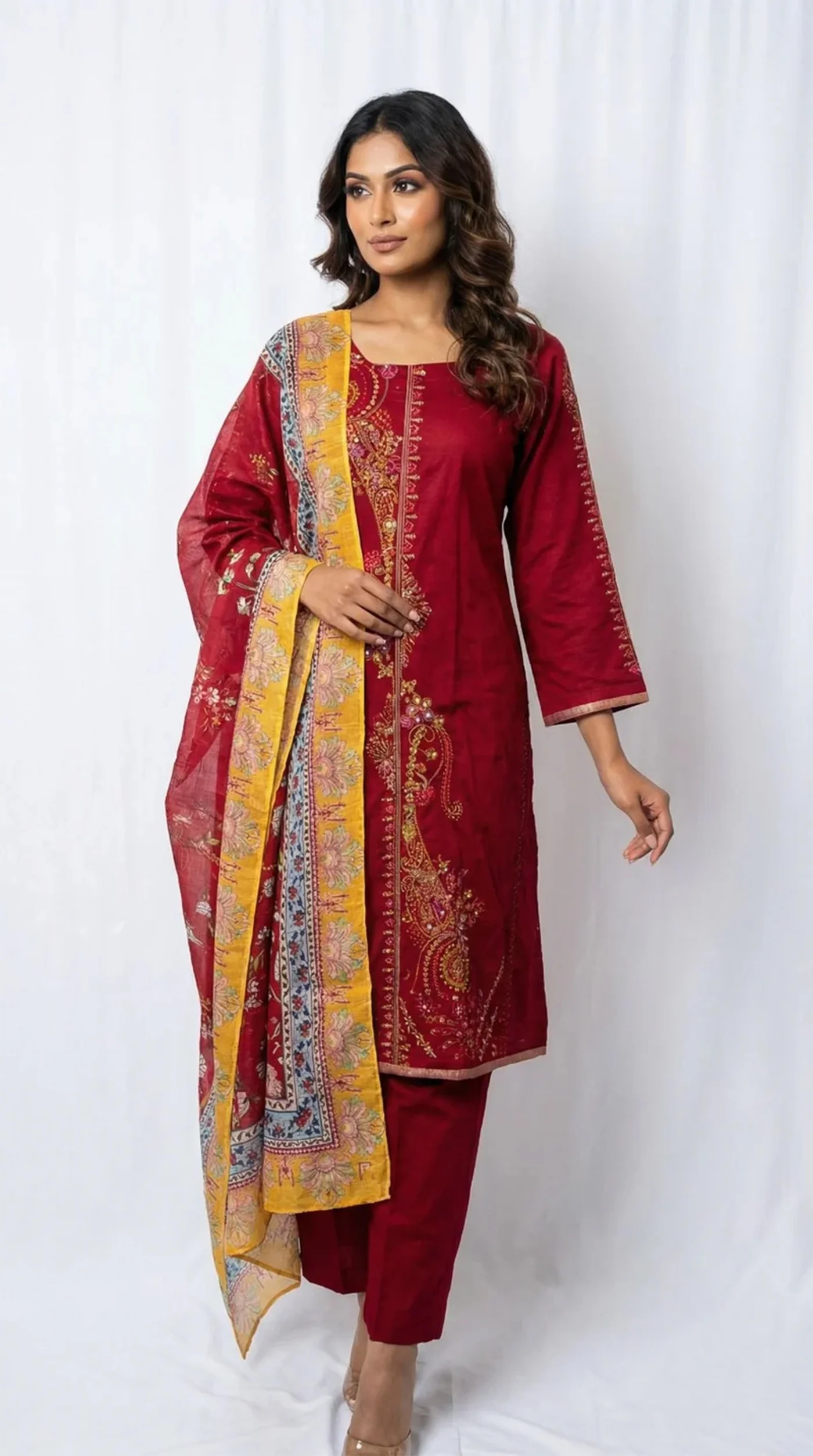 Maroon Lawn Zari Embroidered Suit Set - Image 2