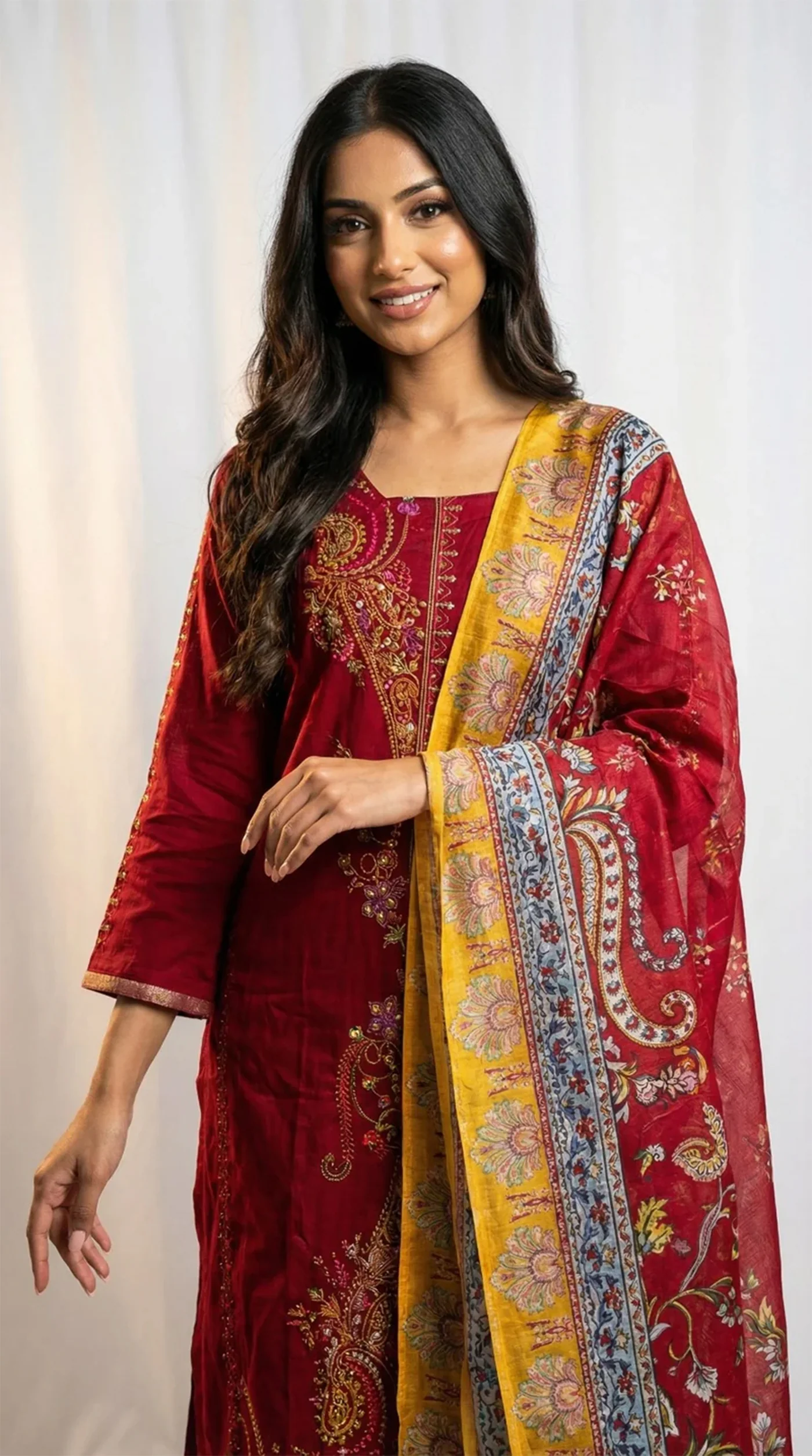 Maroon Lawn Zari Embroidered Suit Set - Image 3