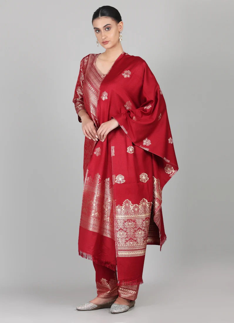 Maroon Straight Cut Shawl Suit Set - Image 2