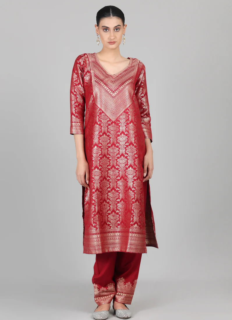 Maroon Straight Cut Shawl Suit Set - Image 3
