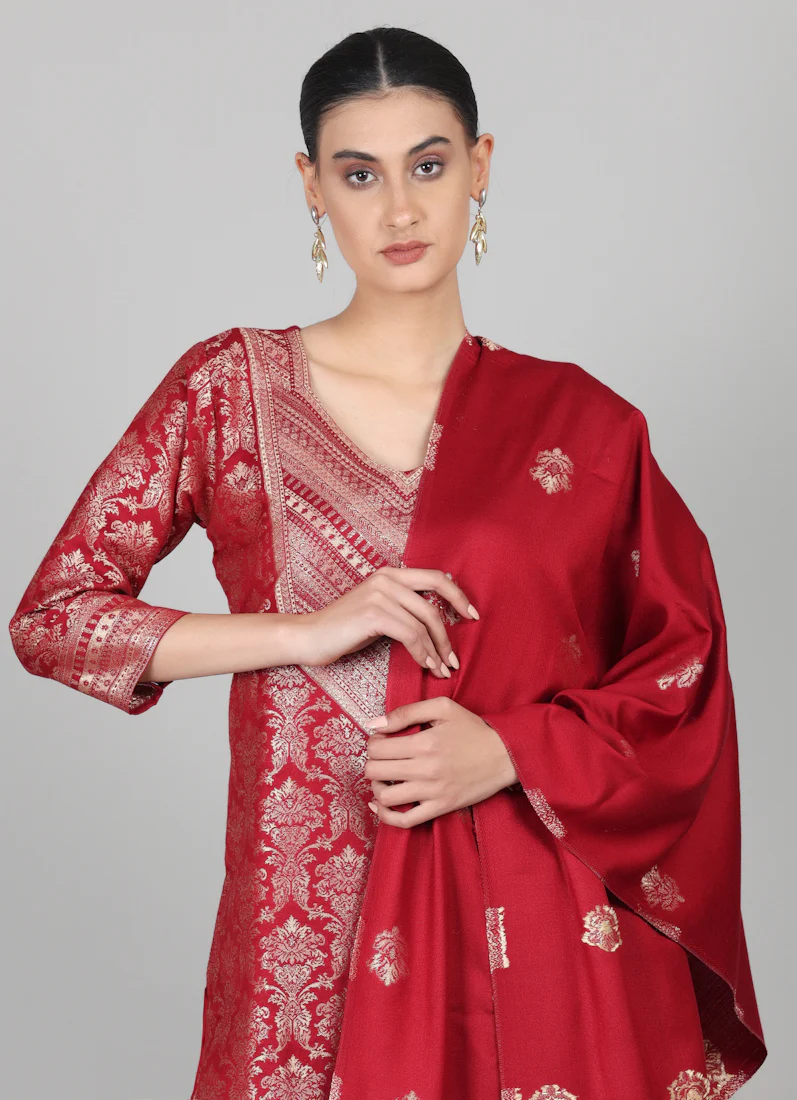 Maroon Straight Cut Shawl Suit Set - Image 4
