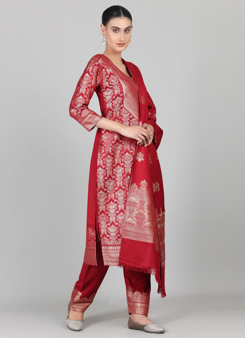 Maroon Straight Cut Shawl Suit Set - Image 5