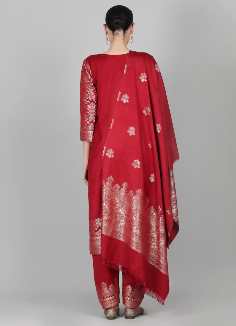 Maroon Straight Cut Shawl Suit Set - Image 6