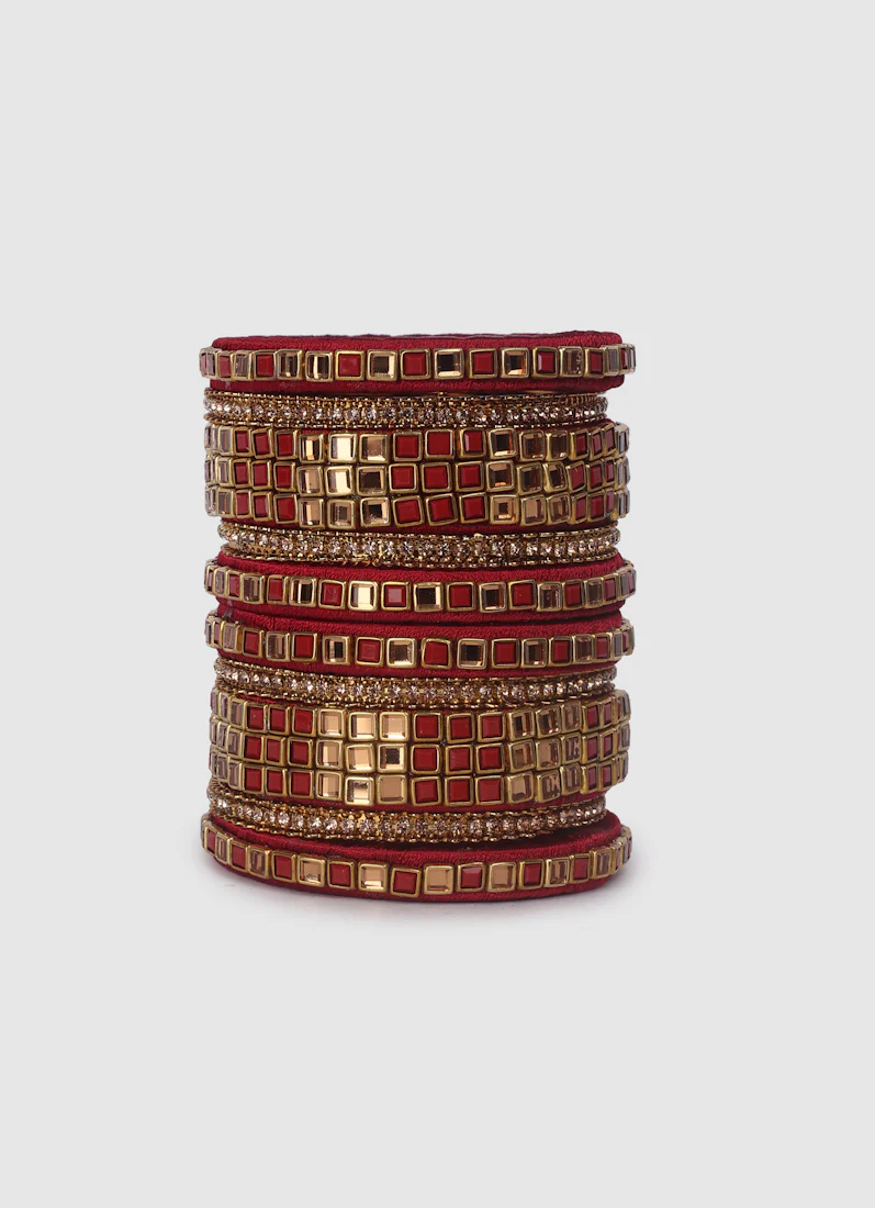 Maroon Threadwork Bangle Set with Square Stones - Image 2