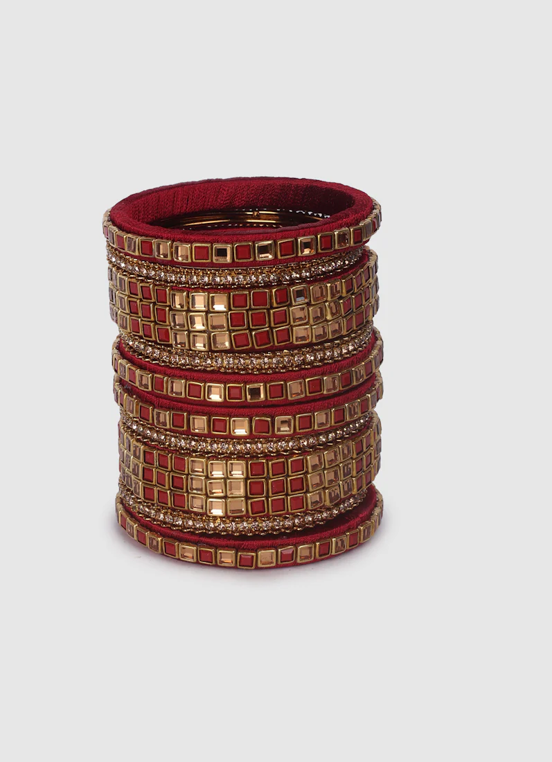 Maroon Threadwork Bangle Set with Square Stones - Image 3