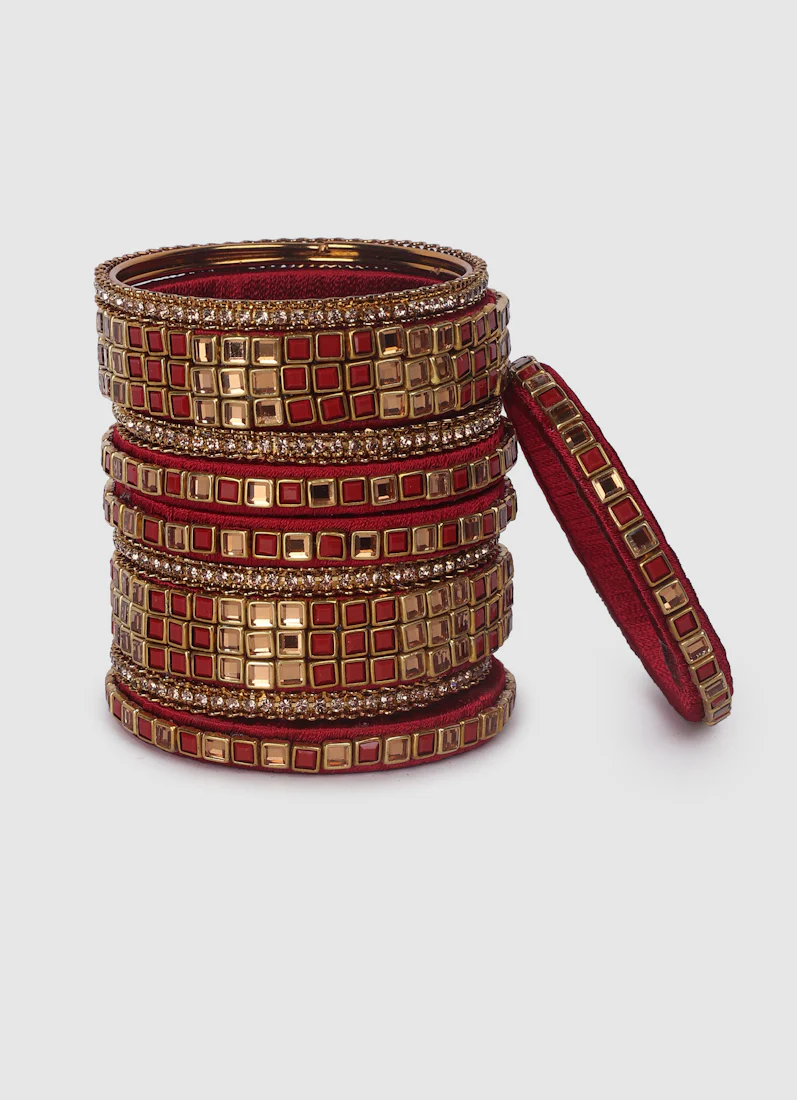 Maroon Threadwork Bangle Set with Square Stones - Image 4