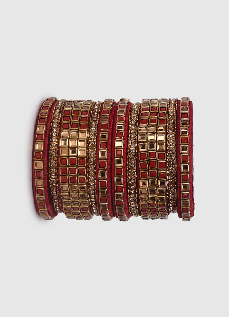 Maroon Threadwork Bangle Set with Square Stones - Image 5