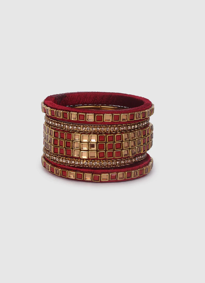 Maroon Threadwork Bangle Set with Square Stones - Image 6