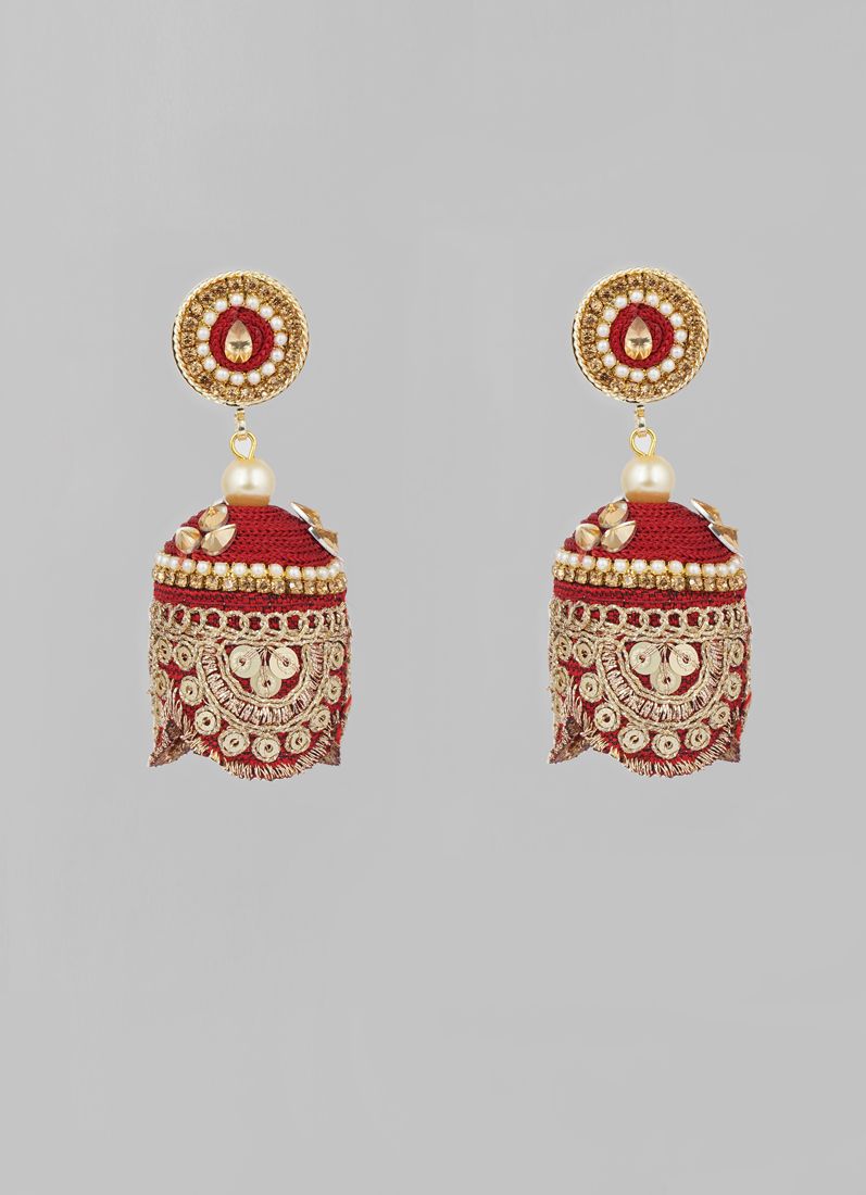 Maroon Threadwork With Scalloped Lace Earrings - Image 2