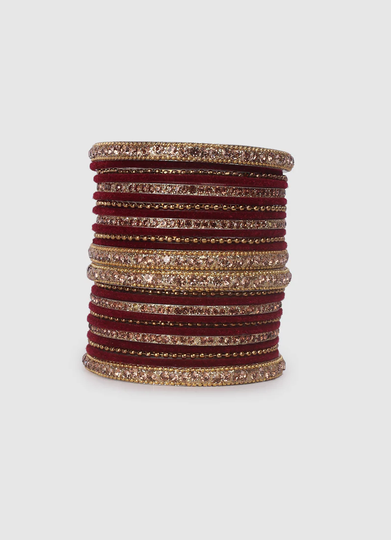 Maroon Velvet Bangle Set with Gold Diamonte - Image 2
