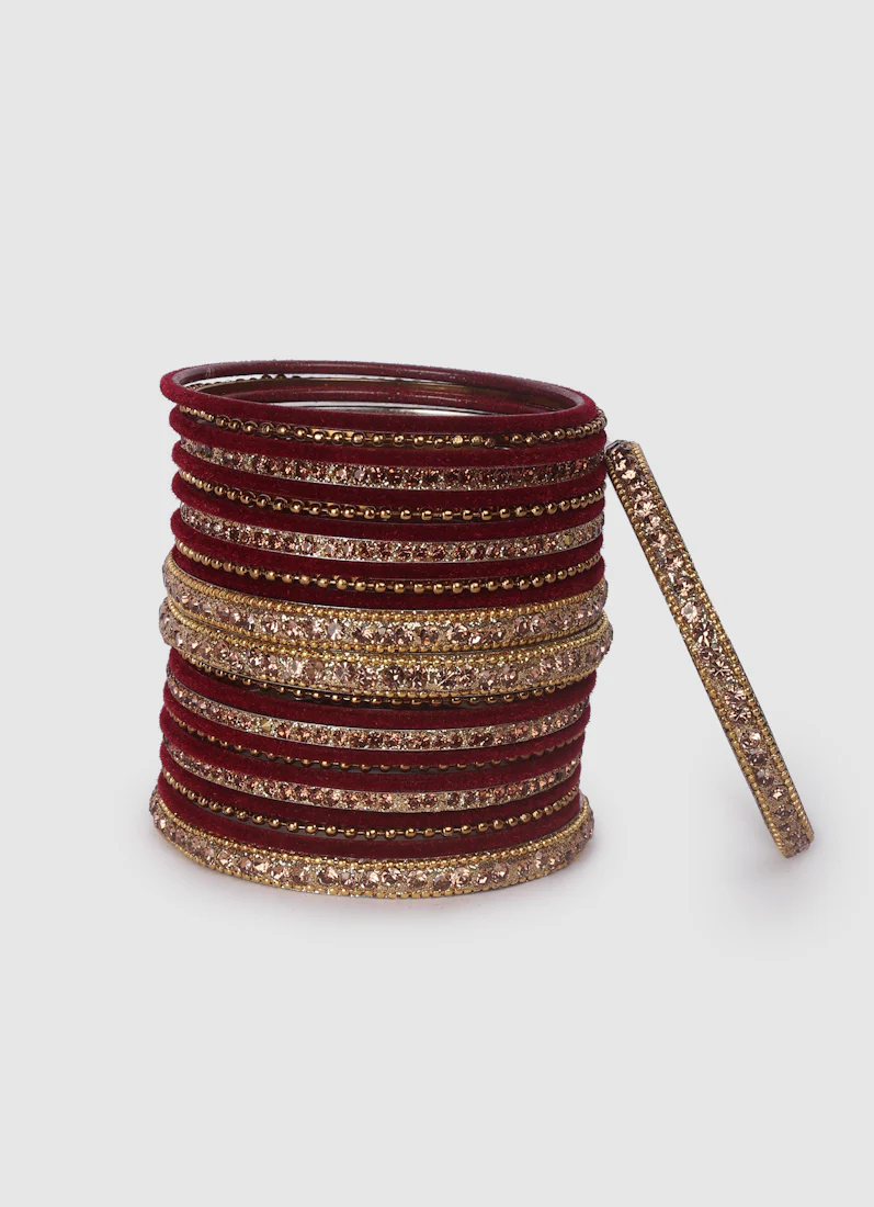 Maroon Velvet Bangle Set with Gold Diamonte - Image 3