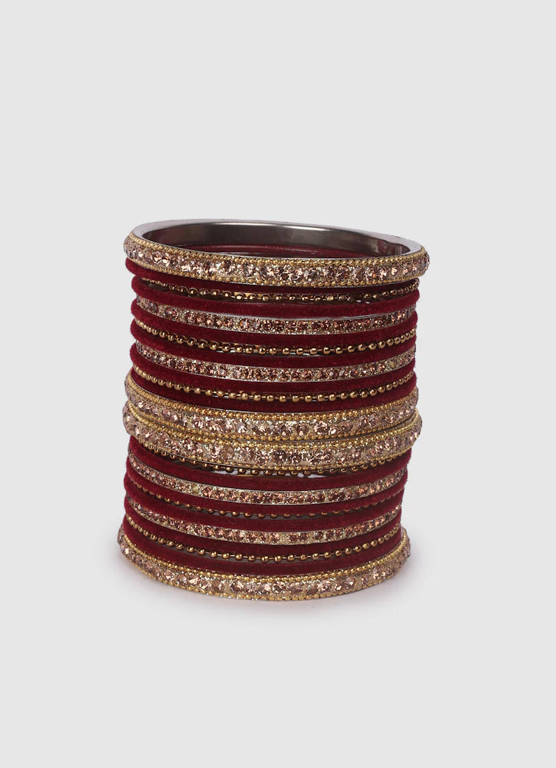 Maroon Velvet Bangle Set with Gold Diamonte - Image 4