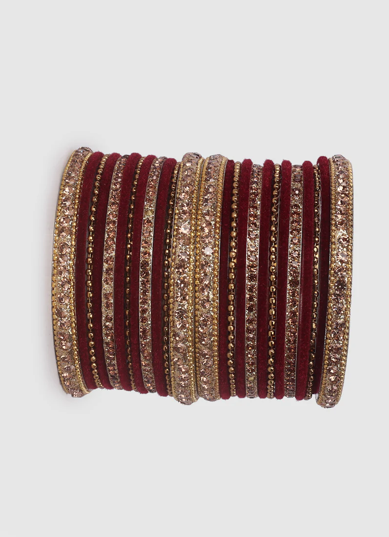 Maroon Velvet Bangle Set with Gold Diamonte - Image 5