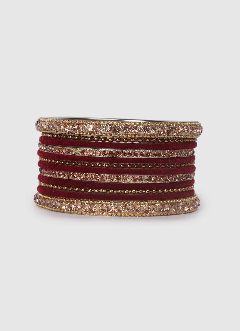 Maroon Velvet Bangle Set with Gold Diamonte - Image 6