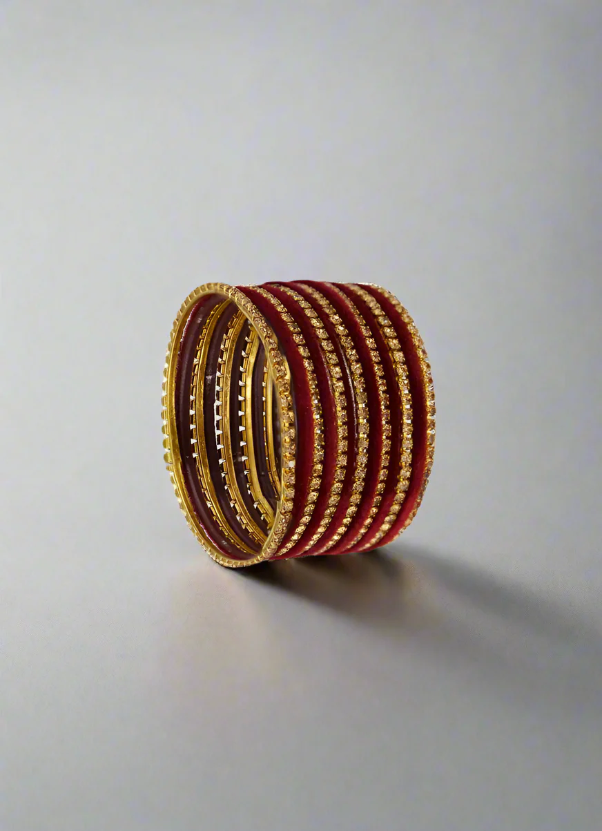 Maroon Velvet & Diamante Kids Bangle Sets - Image 2