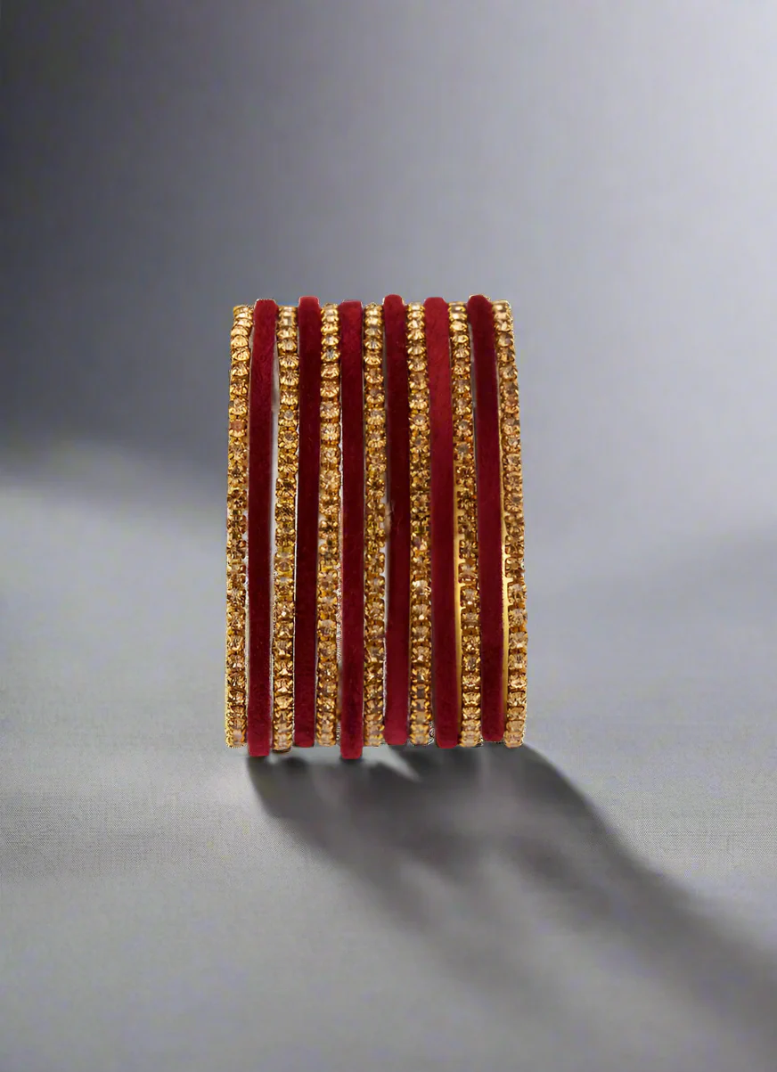 Maroon Velvet & Diamante Kids Bangle Sets - Image 3