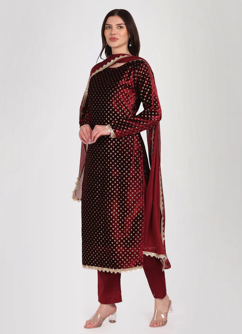 Maroon Velvet Straight Cut Suit Set - Image 3