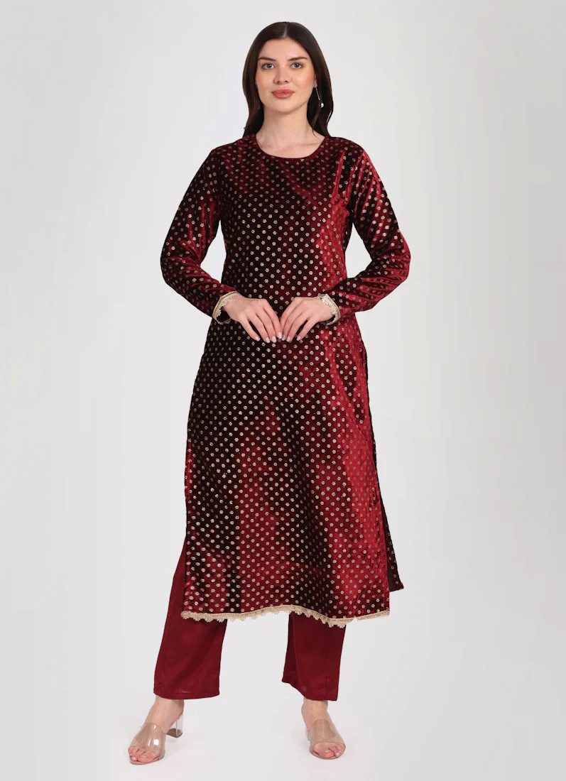 Maroon Velvet Straight Cut Suit Set - Image 4