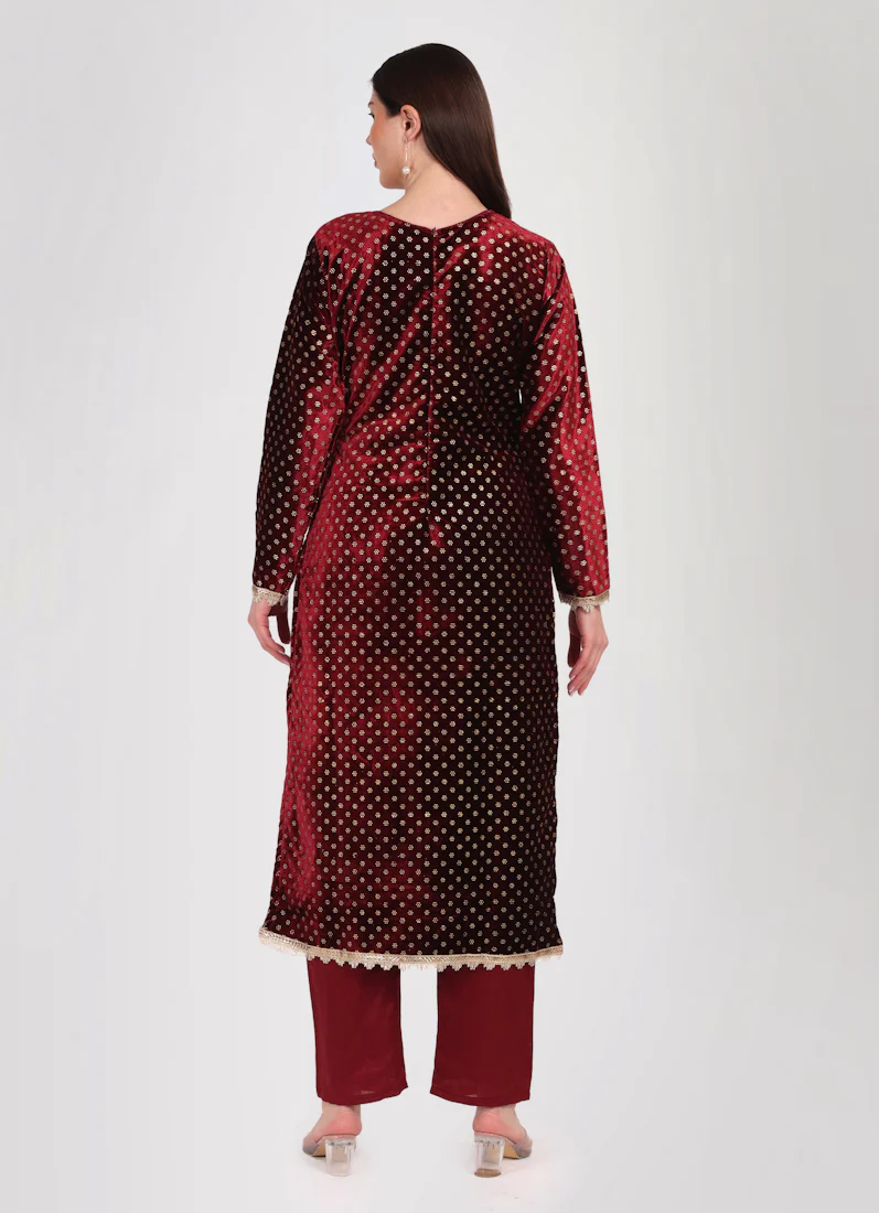 Maroon Velvet Straight Cut Suit Set - Image 5