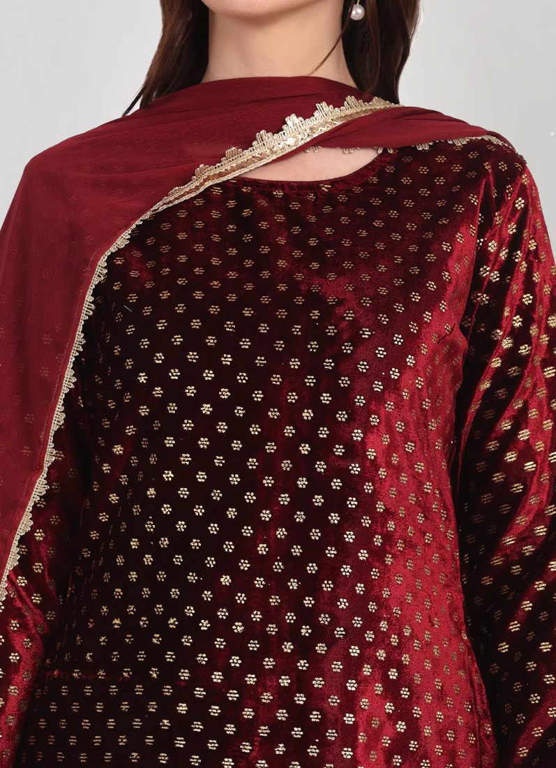 Maroon Velvet Straight Cut Suit Set - Image 6