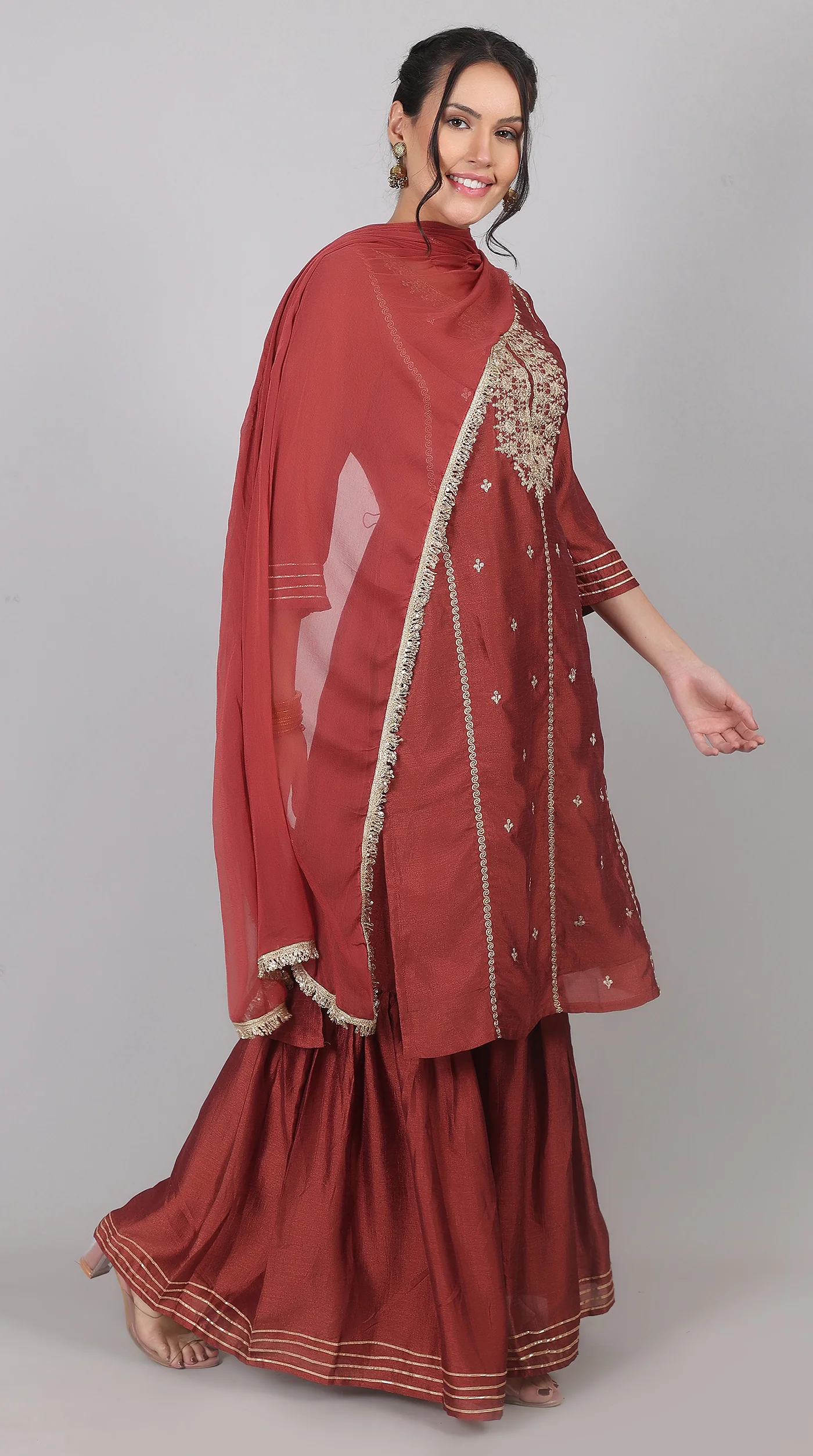 Maroon Georgette Vichitra Zari Embroidered Gharara Set with Dupatta - Image 2