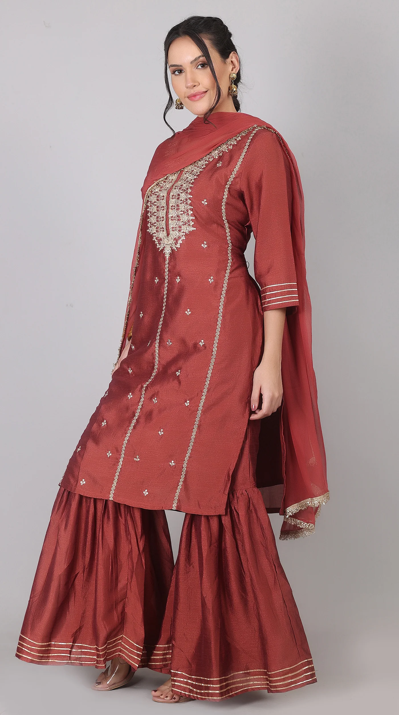Maroon Georgette Vichitra Zari Embroidered Gharara Set with Dupatta - Image 3