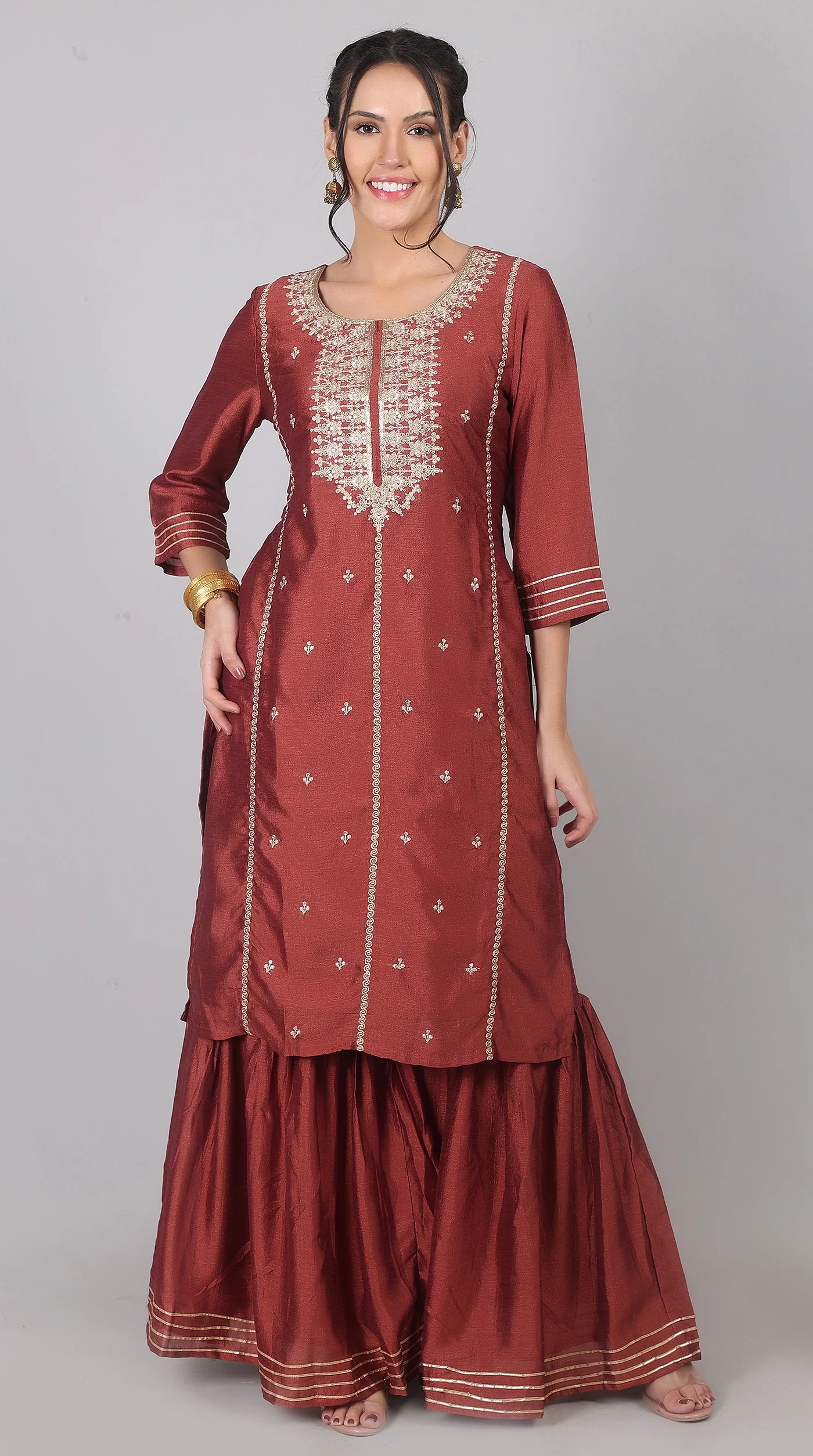 Maroon Georgette Vichitra Zari Embroidered Gharara Set with Dupatta - Image 4